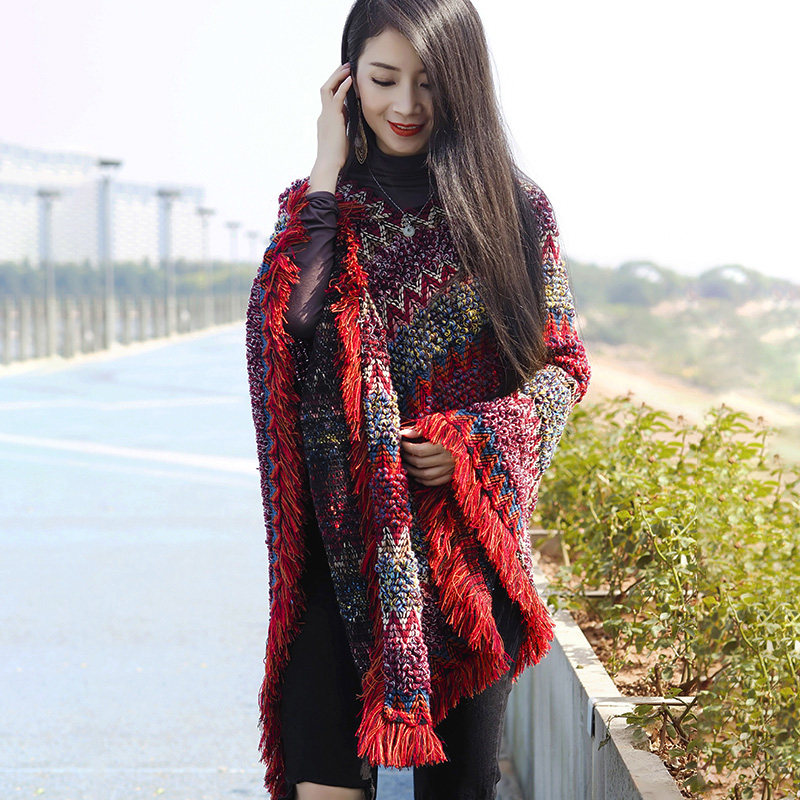 斗篷式外套女披肩外搭流苏秋冬季围巾大西北旅游拍照西藏针织披风