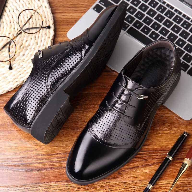 华驰夏天皮鞋男春夏季镂空透气正装男鞋真皮男士系带商务休闲皮鞋