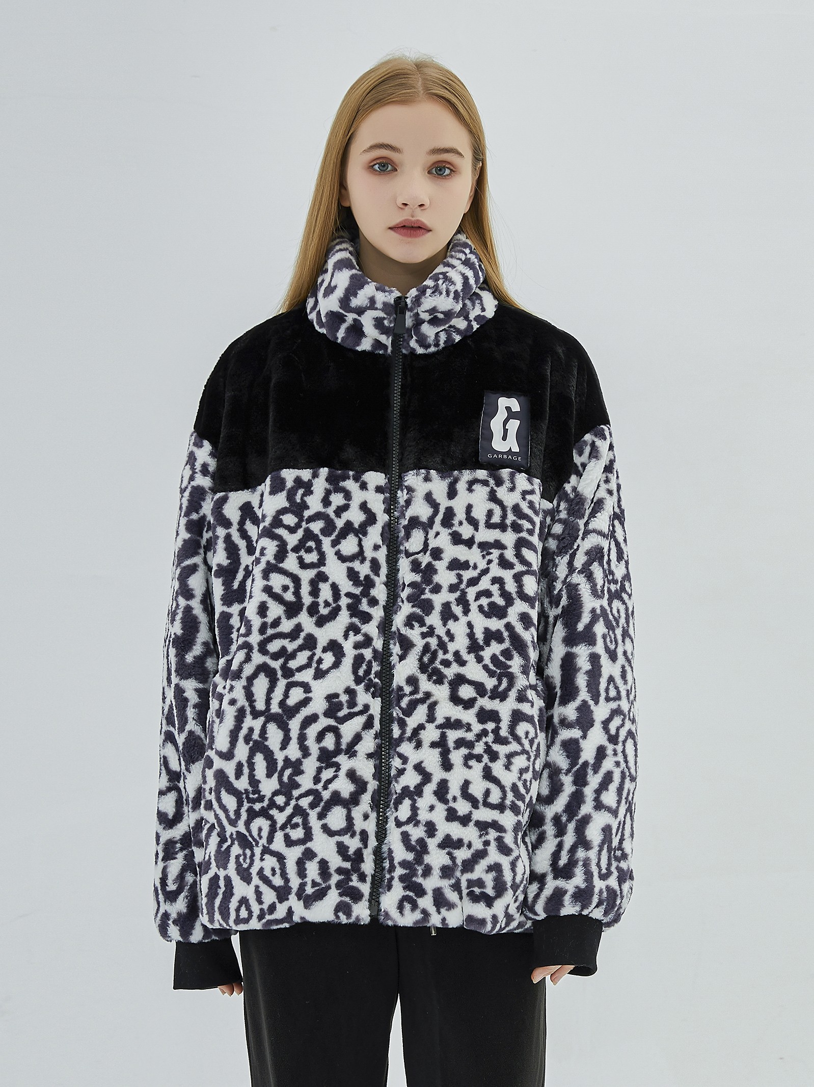 garbage国潮牌嘻哈情侣豹纹拼接羊羔绒兔毛棉衣ins宽松时尚外套