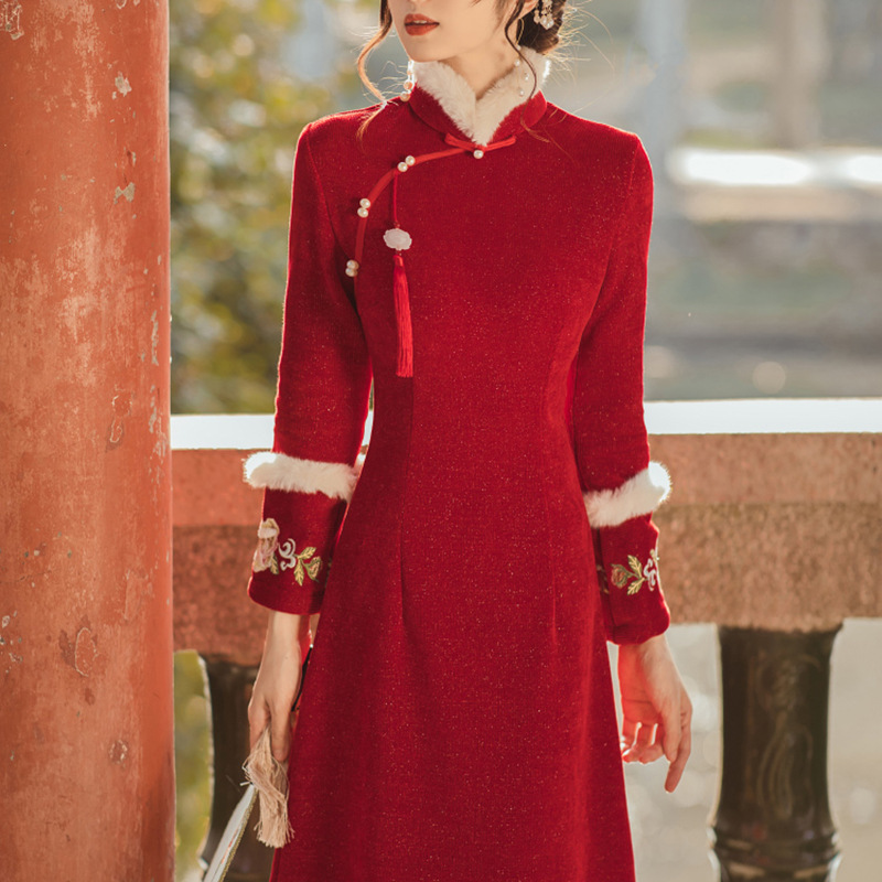 红色旗袍2023年新款春秋季加厚长袖过年小袄年轻款少女改良连衣裙