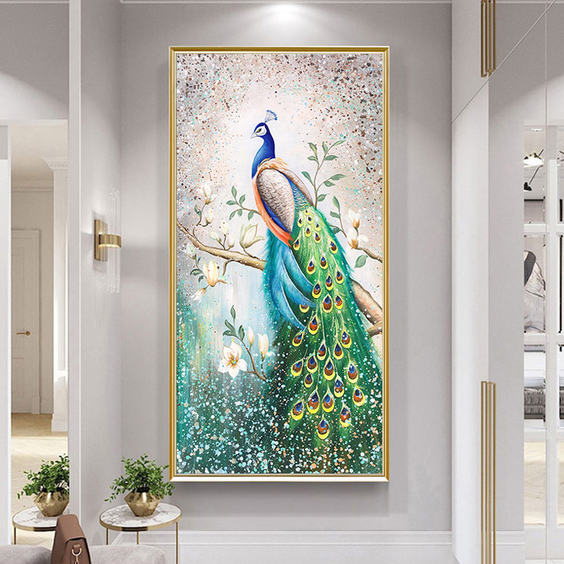纯手绘油画玄关装饰画美式客厅入户走廊过道挂画孔雀壁画竖版优惠券