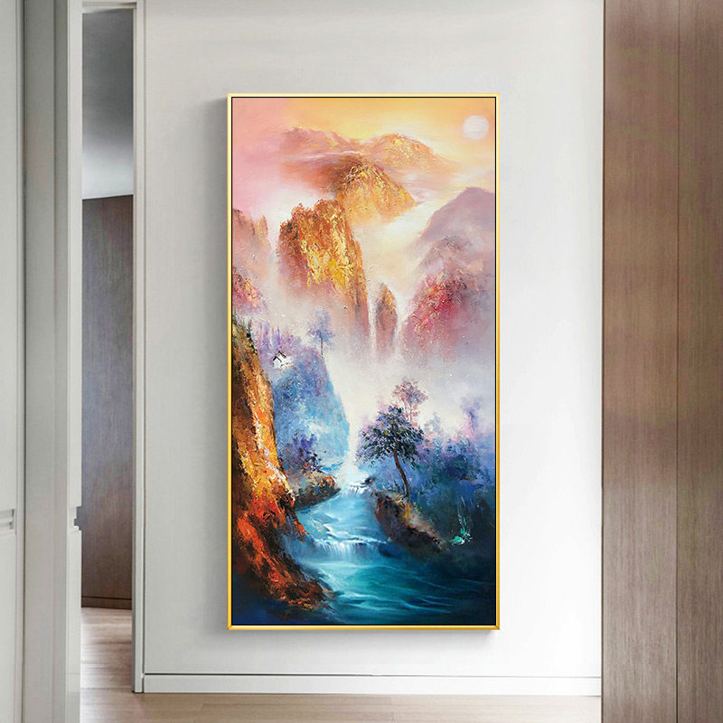 纯手绘山水抽象油画简约现代中式客厅玄关走廊装饰画 高山流水