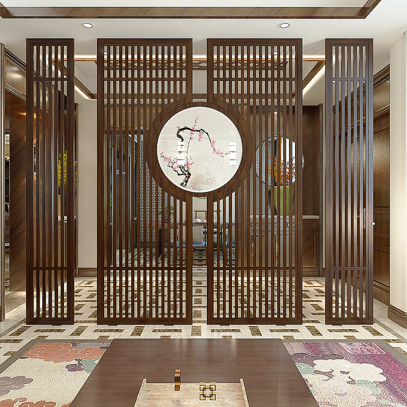 新中式隔断实木客厅大屏风酒店别墅原木餐厅装饰镂空栅栏玄关墙