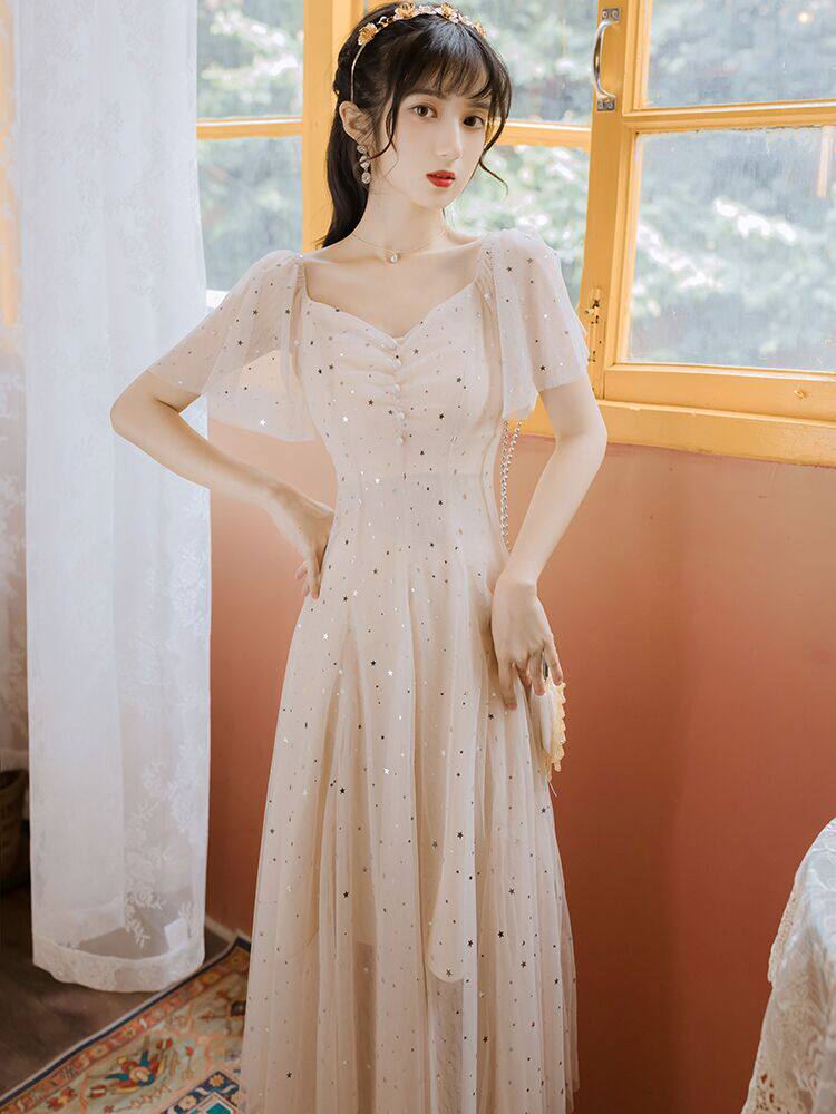 法式复古温柔风亮片网纱连衣裙收腰显瘦气质女神范仙女裙超仙森系