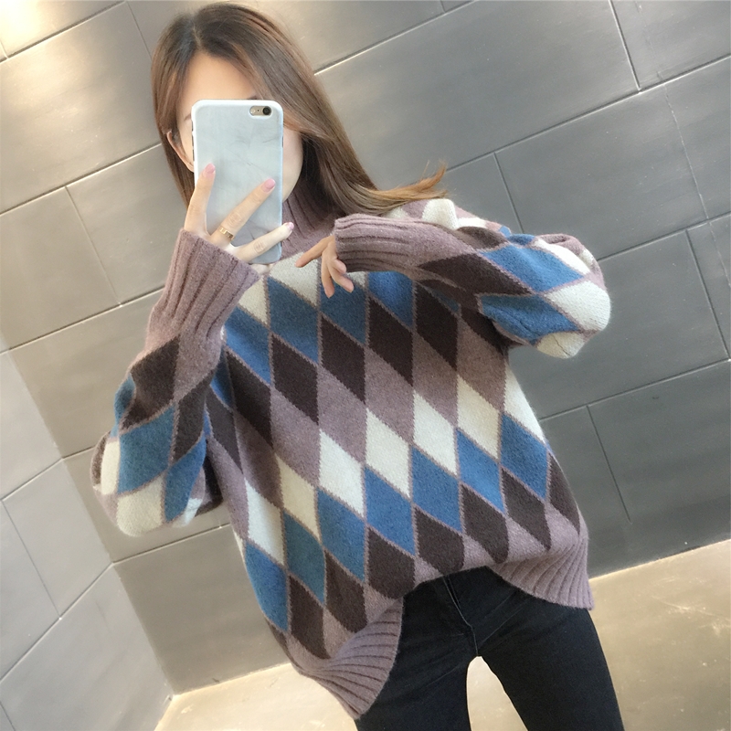 半高领菱形格拼色毛衣女套头上衣2020年秋冬季新款女装宽松针织衫