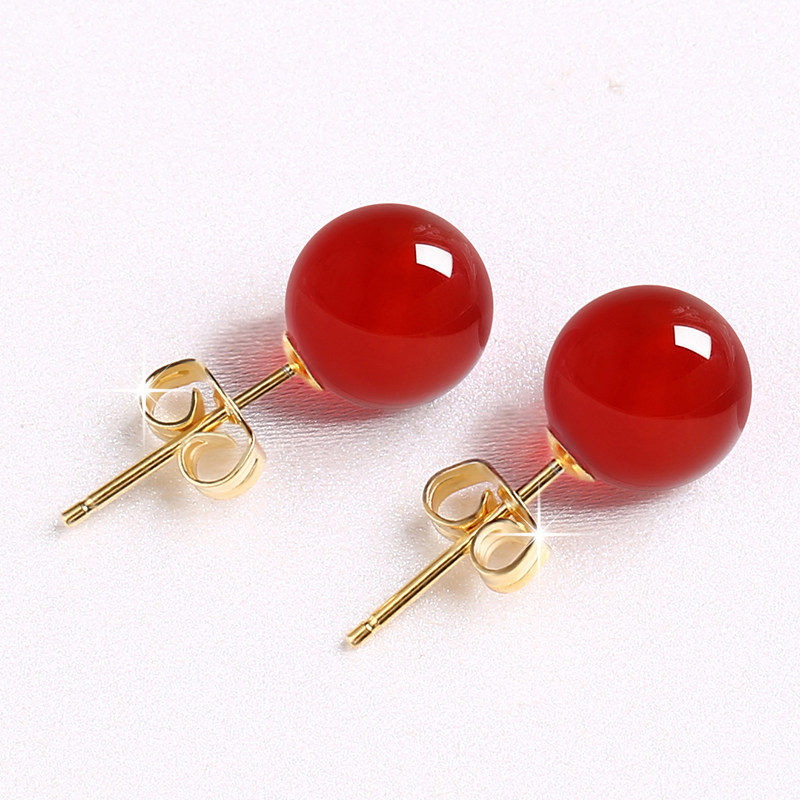 玛瑙圆珠耳钉2021新款潮天然玉髓耳环复古民族风红色耳坠防过敏女