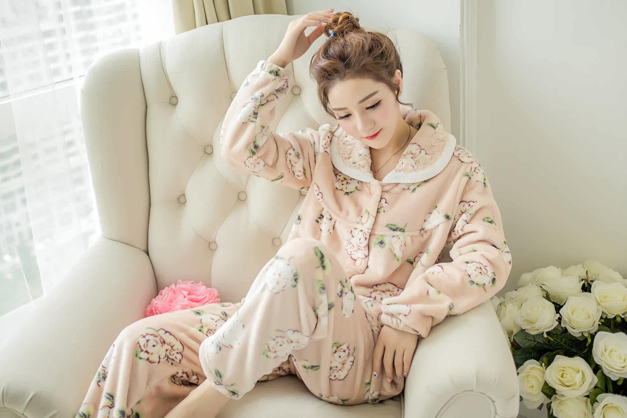 实拍2016韩版女装新款花色法兰绒睡衣休闲家居服