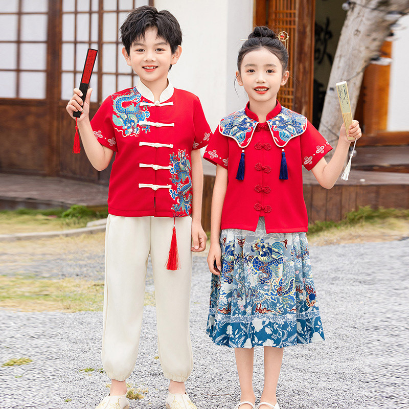 儿童汉服夏季短袖套装小学生校服学院表演服男女童中国风出演礼服