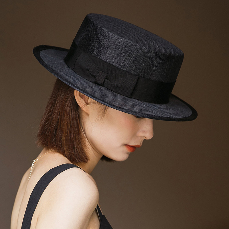 夏季黑色礼帽女韩版百搭时尚平顶草帽女式麻纱帽子平檐遮阳防晒帽