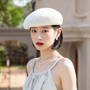 针织贝雷帽女夏季新款韩版白色画家帽薄款日系帽子女款时尚蓓蕾帽