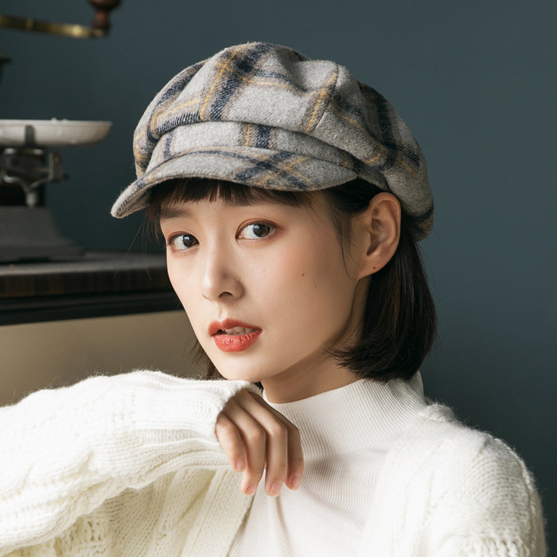 秋冬格子八角帽女文艺复古韩版百搭报童帽羊毛格纹鸭舌帽画家帽潮