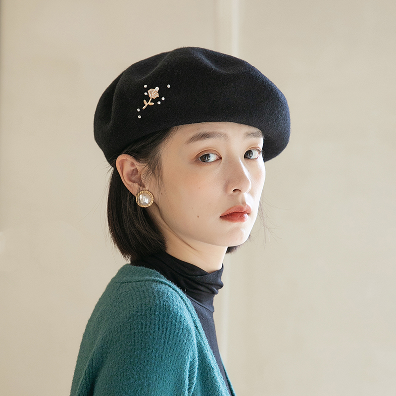 秋冬贝雷帽女羊毛纯色日系百搭复古蓓蕾帽女士冬天时尚毛呢画家帽