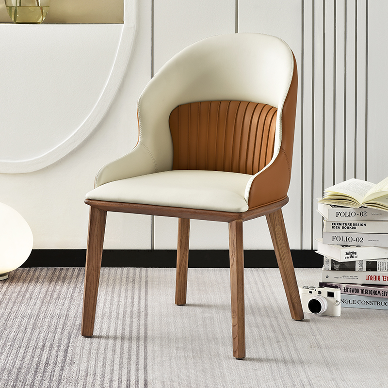 轻奢新款意式极简餐椅白蜡木家用餐厅椅子米色配橙色椅子实木脚椅