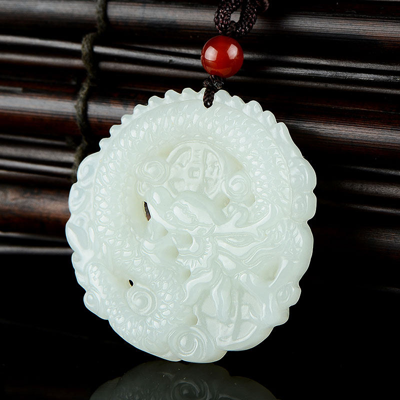 景禾 仿古龙玉坠镂空和田玉生肖龙牌吊坠 天然玉石挂件白玉男玉佩