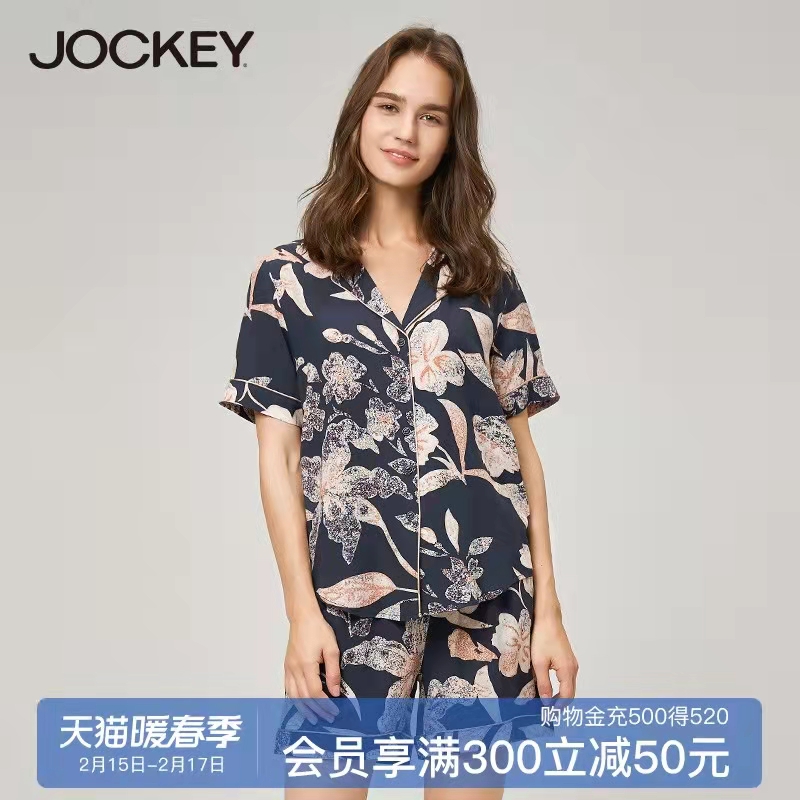 JOCKEY正品国际女家居服套装短袖人棉翻领精致印花新品可外穿睡衣