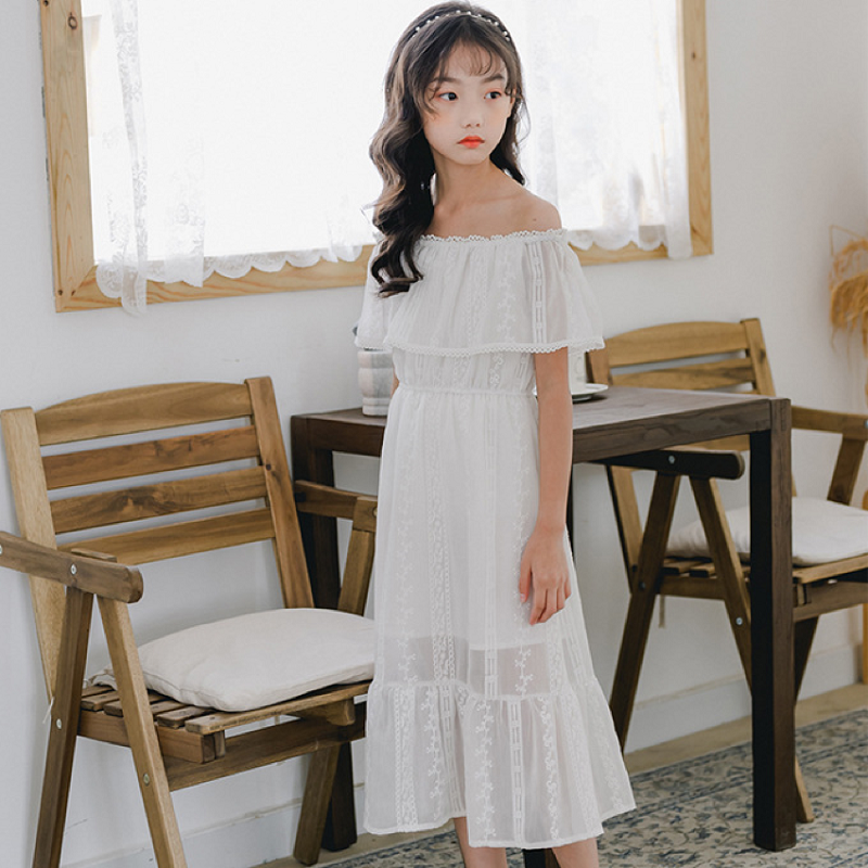女童连衣裙一字肩2021夏季儿童裙子长款过膝洋气白色中大童公主裙