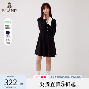 Eland衣恋连衣裙女学院风温柔初恋气质碎花黑色裙子夏款