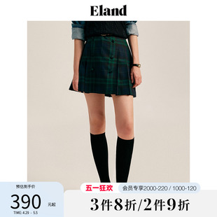 Eland衣恋半身裙女短款经典复古撞色显瘦格纹A字裙春秋新款