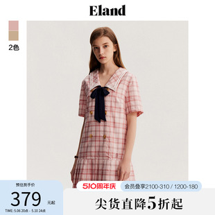 Eland衣恋格纹连衣裙蝴蝶结A字裙收腰百褶裙甜美风春夏款