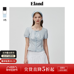 Eland衣恋衬衫女大方领扣袢绑带设计甜美学院风上衣2024夏季新款