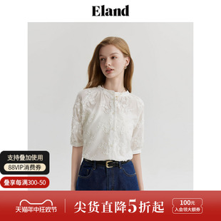 Eland衣恋衬衫女无领系扣宽松刺绣衬衣复古纯棉上衣2024夏季新款