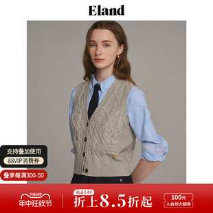 Eland衣恋马夹女短款变形绞花格雷系时尚针织马甲上衣春夏款