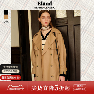 Eland衣恋经典英伦风外套女美拉德气质学院风双排扣休闲风衣