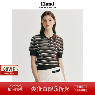 Eland衣恋短袖毛衣女POLO领收腰短款条纹针织T恤2024夏季新款