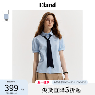 Eland衣恋短袖衬衫女撞色蝴蝶结泡泡袖上衣2024春夏新款