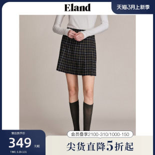 Eland衣恋半身裙女格纹腰部织带下摆刺绣设计裙子春夏款