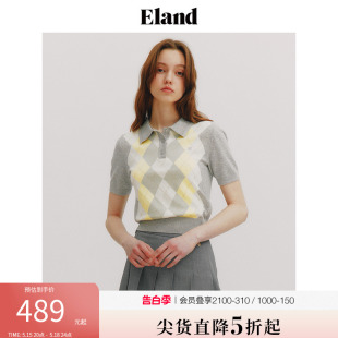 Eland衣恋polo领毛衣女彩色格纹青春活力短袖针织衫2024夏季新款