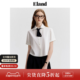 Eland衣恋白色短袖衬衫女蝴蝶结领带雪纺衫上衣2024夏季新款