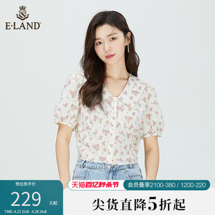 Eland衣恋别致清新娃娃领碎花纯棉短袖衬衫女印花上衣夏季新款