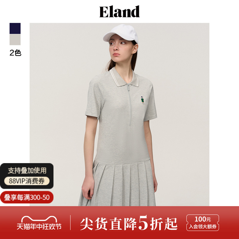 Eland衣恋连衣裙polo衫翻领短袖修身百褶复古学院风格雷系