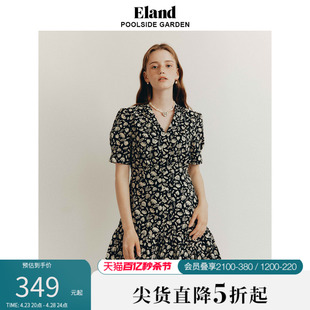 Eland衣恋连衣裙中长款小碎花V领泡泡袖收腰裙子女夏季新款