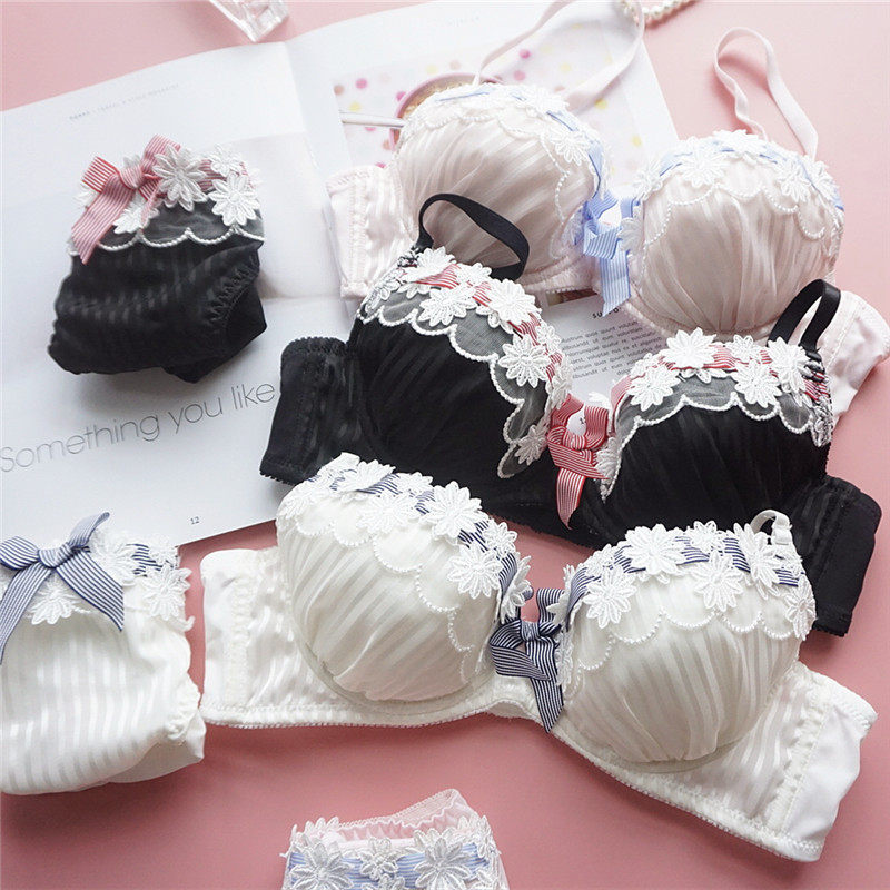 日系甜美小清新少女文胸套装水溶花绸带条纹薄杯聚拢可爱内衣裤