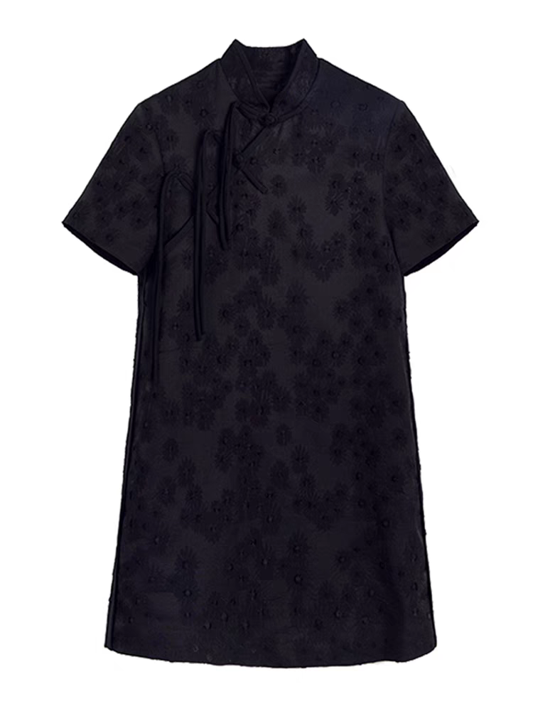 新中式国风短袖立领气质黑色镂空花斜襟改良旗袍短款连衣裙子茶服