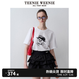 TeenieWeenie小熊2024年夏季新款圆领短袖正肩白色T恤短款上衣女