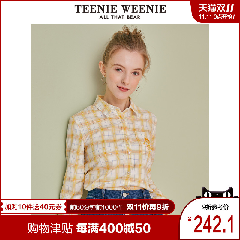 TEENIEWEENIE小熊2019春季新款女装心型字母绣线小熊翻领长袖衬衫
