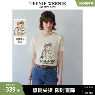 TeenieWeenie小熊女装2024春装新款手绘风图案合体圆领短袖T恤衫