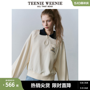 TeenieWeenie小熊2024年磨毛感翻领卫衣美式复古学院上衣宽松春装