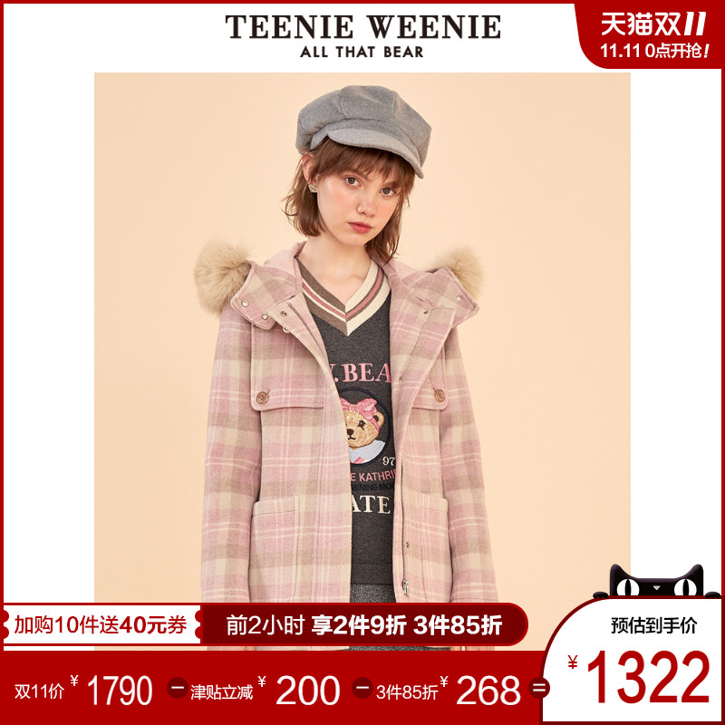 TeenieWeenie小熊2019冬季新款女装格纹连帽毛呢大衣呢子外套