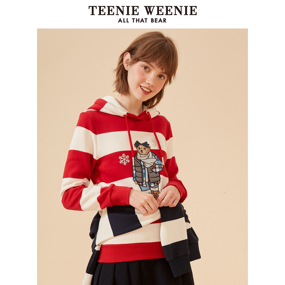 TeenieWeenie小熊2019冬季新款女装条纹连帽套头卫衣宽松韩版时尚