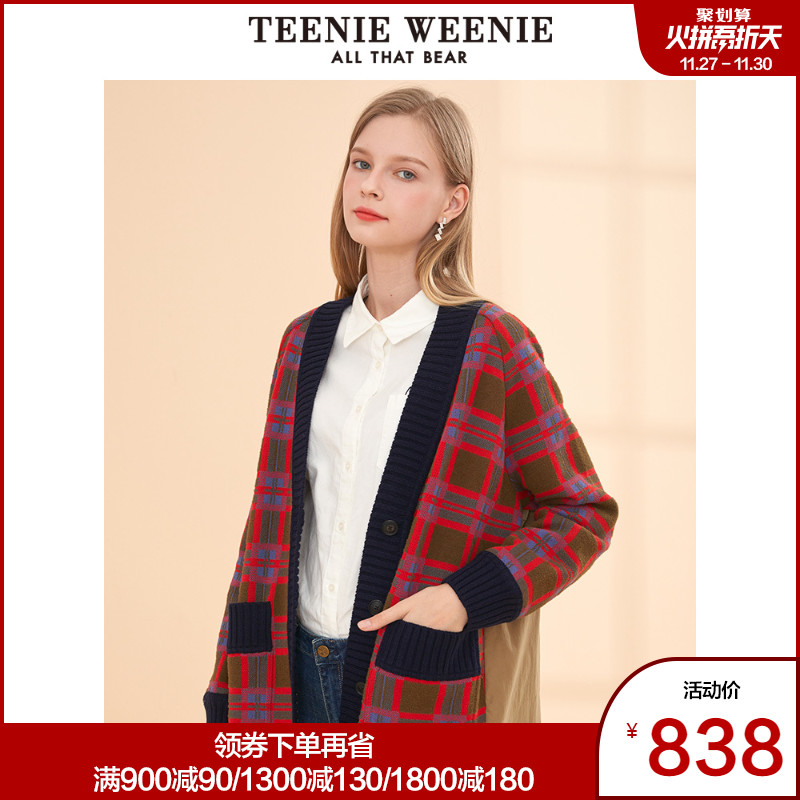 TeenieWeenie小熊2019冬季新款女装格纹毛衣针织衫开衫休闲外套