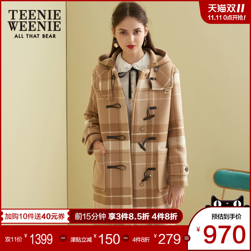 TeenieWeenie小熊女装格子牛角扣连帽毛呢大衣呢子韩版外套