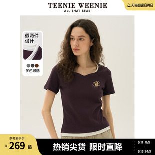 TeenieWeenie小熊2024年女装夏季新款撞色假两件短袖T恤修身上衣