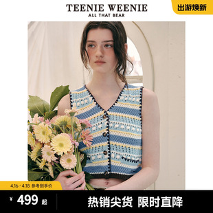 TeenieWeenie小熊女装2024春夏新款V领镂空开衫马甲无袖针织开衫