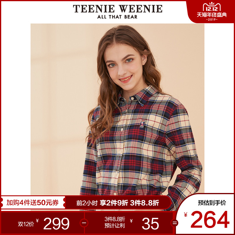 TeenieWeenie小熊2019冬季新款女装格纹格子衬衫韩范学生衬衣宽松