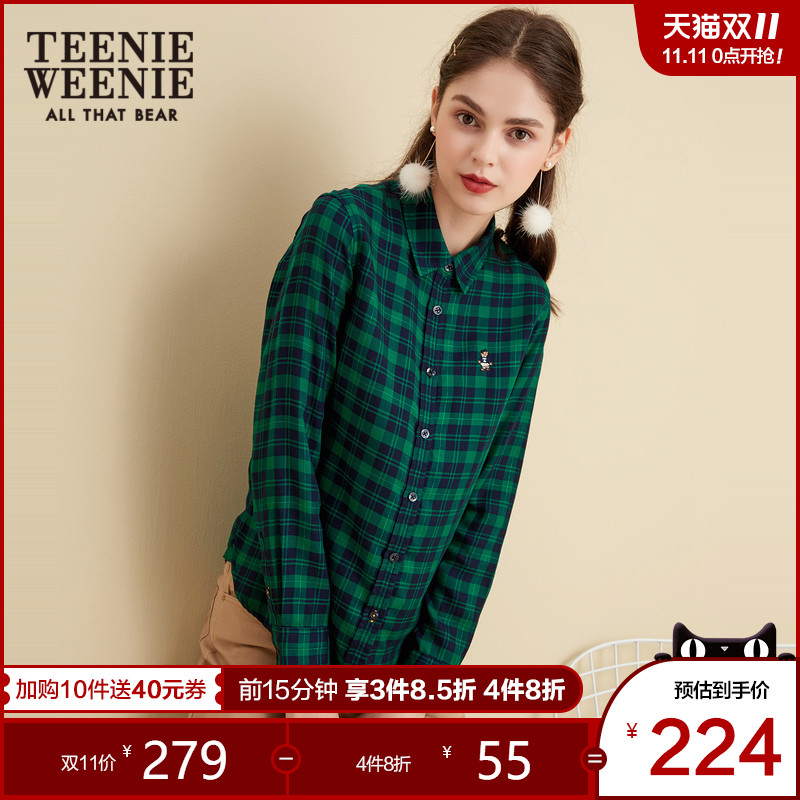 Teenie Weenie小熊早春新款女式格子翻领衬衫千鸟格长袖上衣