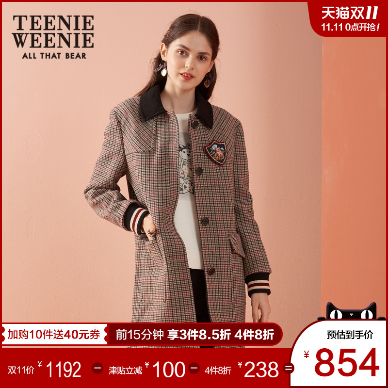 TeenieWeenie小熊中长款千鸟格女装格子毛呢大衣外套